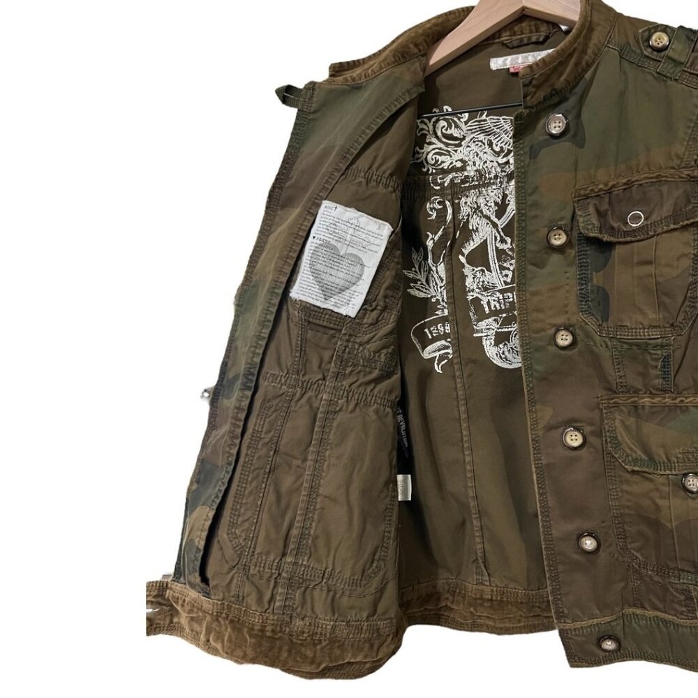 Triple Five Soul‎ Women's Camo Jacket L Y2K Graphic Velour Trim Utility Style